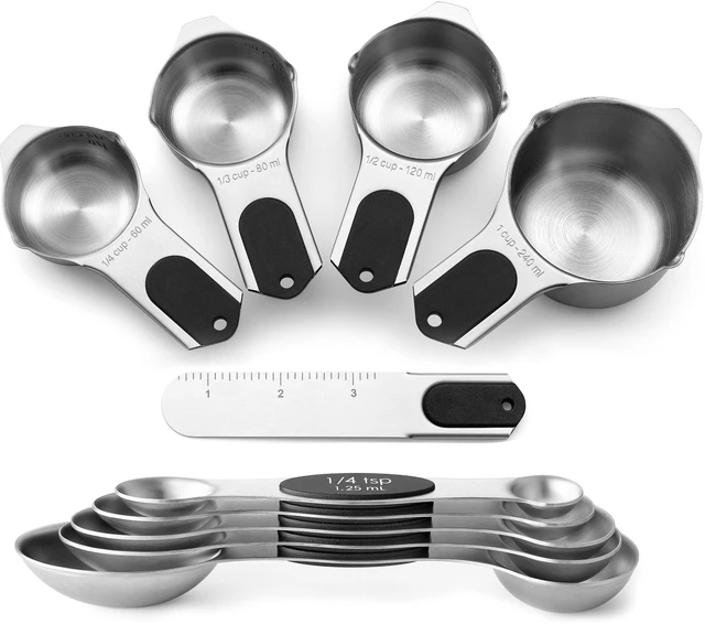 Main image of Magnetic Measuring Cups & Spoons Set of 9 with Leveler, Black | Patented Stackable Stainless Steel Measuring Cups & Heavy Duty Metal Measuring Spoons for Dry & Liquid Ingredients