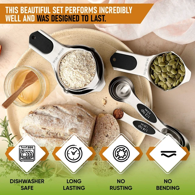 Alt view image 3 of 7 - Magnetic Measuring Cups & Spoons Set of 9 with Leveler, Black | Patented Stackable Stainless Steel Measuring Cups & Heavy Duty Metal Measuring Spoons for Dry & Liquid Ingredients