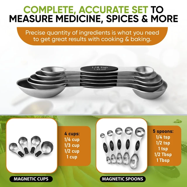 Alt view image 6 of 7 - Magnetic Measuring Cups & Spoons Set of 9 with Leveler, Black | Patented Stackable Stainless Steel Measuring Cups & Heavy Duty Metal Measuring Spoons for Dry & Liquid Ingredients