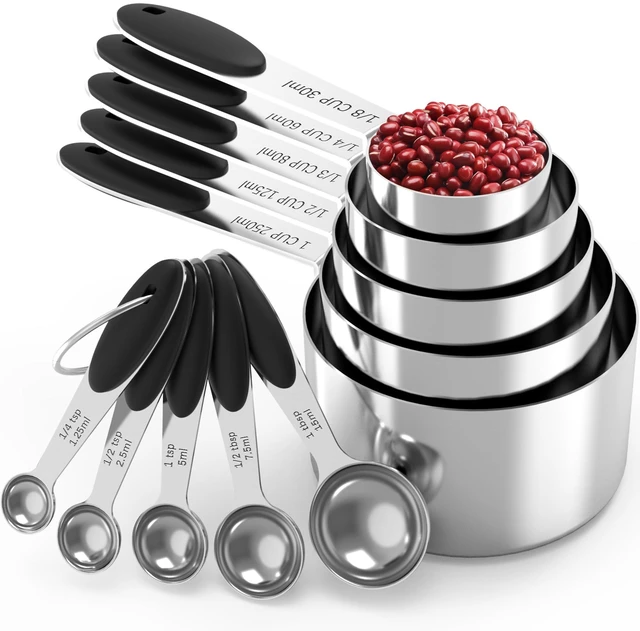 Main image of Stainless Steel Measuring Cups and Spoons Set with Silicone Handle Nesting Design for Space-Saving, Heavy Duty & Dishwasher Safe for Dry/Liquid Ingredients, Cooking & Baking (10)