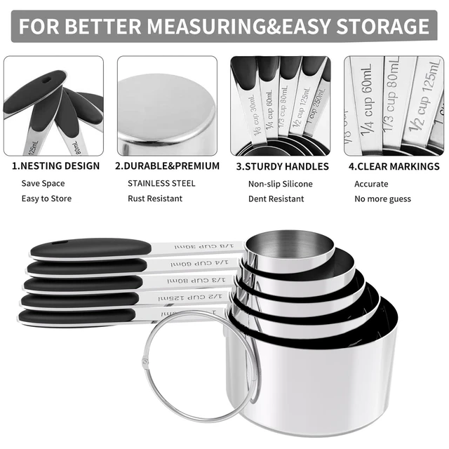 Alt view image 5 of 6 - Stainless Steel Measuring Cups and Spoons Set with Silicone Handle Nesting Design for Space-Saving, Heavy Duty & Dishwasher Safe for Dry/Liquid Ingredients, Cooking & Baking (10)