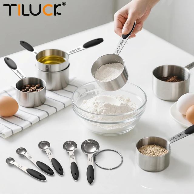 Alt view image 6 of 6 - Stainless Steel Measuring Cups and Spoons Set with Silicone Handle Nesting Design for Space-Saving, Heavy Duty & Dishwasher Safe for Dry/Liquid Ingredients, Cooking & Baking (10)