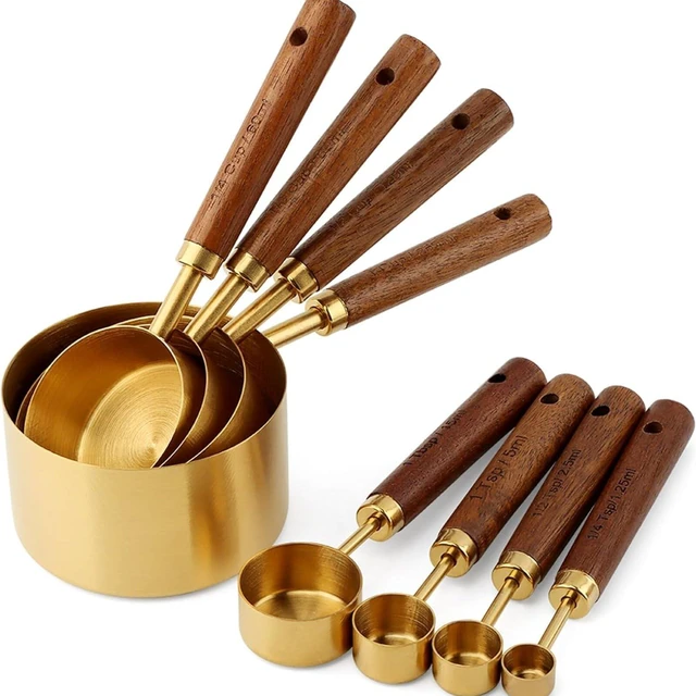 Main image of Gold Measuring Cups and Spoons Set Stainless Steel Wood Handle US Metric | Gold measuring cups and spoons set food grade stainless steel rustproof nonstick wood handle US metric