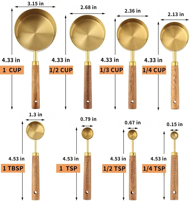 Alt view image 2 of 6 - Gold Measuring Cups and Spoons Set Stainless Steel Wood Handle US Metric | Gold measuring cups and spoons set food grade stainless steel rustproof nonstick wood handle US metric