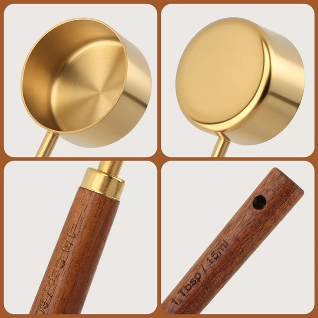 Alt view image 4 of 6 - Gold Measuring Cups and Spoons Set Stainless Steel Wood Handle US Metric | Gold measuring cups and spoons set food grade stainless steel rustproof nonstick wood handle US metric