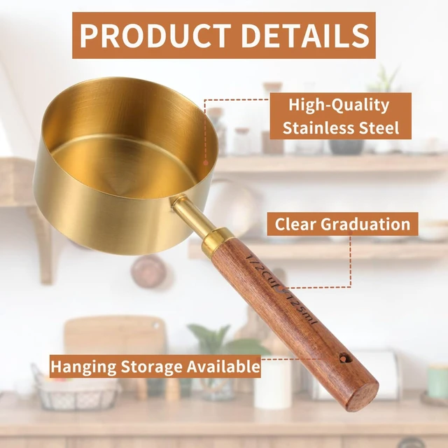Alt view image 5 of 6 - Gold Measuring Cups and Spoons Set Stainless Steel Wood Handle US Metric | Gold measuring cups and spoons set food grade stainless steel rustproof nonstick wood handle US metric