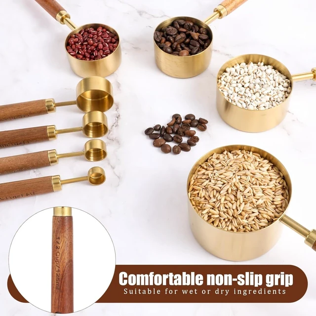 Alt view image 6 of 6 - Gold Measuring Cups and Spoons Set Stainless Steel Wood Handle US Metric | Gold measuring cups and spoons set food grade stainless steel rustproof nonstick wood handle US metric