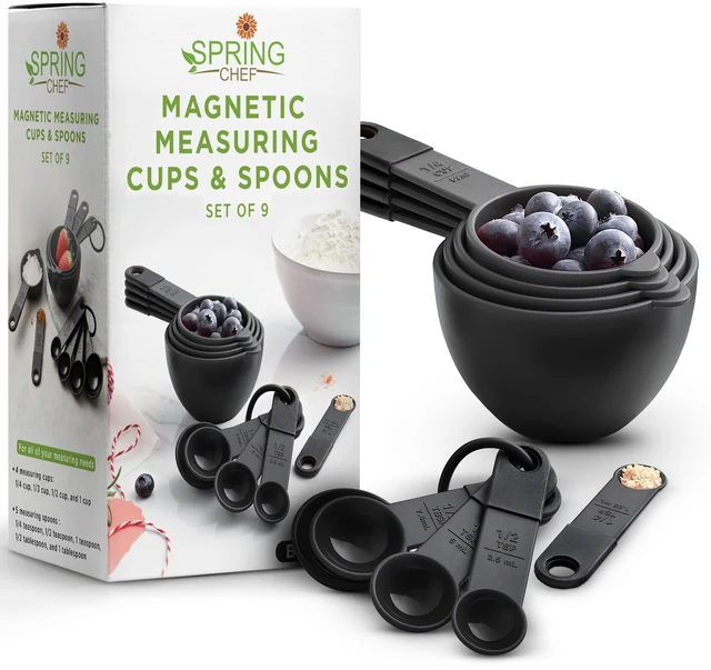 Main image of Black Magnetic Measuring Cups & Spoons - 9 pcs - Nesting Design | for Dry & Liquid Ingredients - Food Safe & BPA Free - Dishwasher Safe