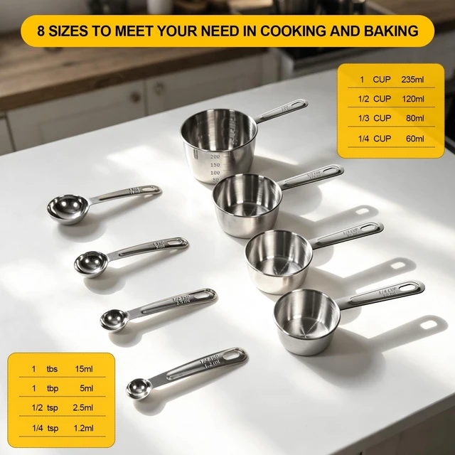 Alt view image 2 of 7 - 8 PCS Stainless Steel Measuring Cups and Spoons Set, Premium Measure Cups and Spoons Long Handle Stackable Measuring Cups for Kitchen Cooking & Baking, Dry & Liquid Dishwasher Safe