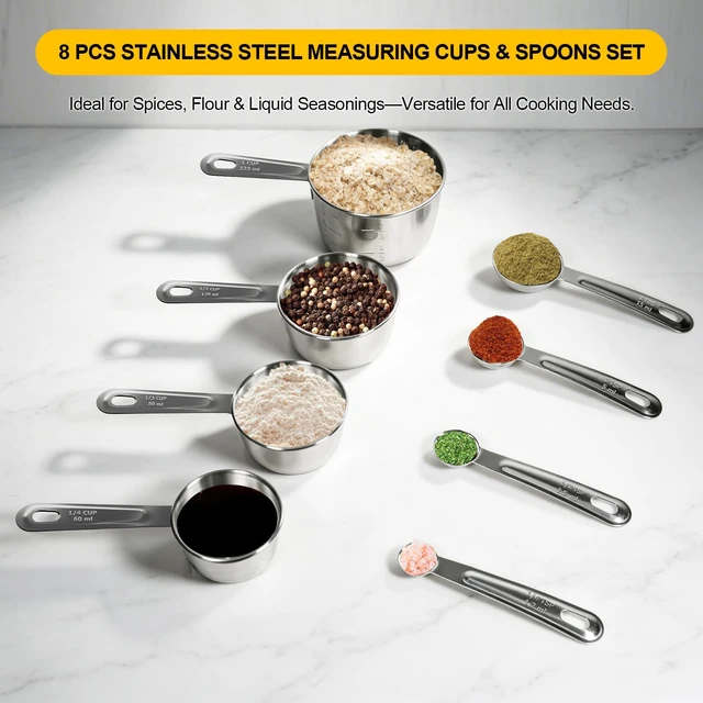 Alt view image 3 of 7 - 8 PCS Stainless Steel Measuring Cups and Spoons Set, Premium Measure Cups and Spoons Long Handle Stackable Measuring Cups for Kitchen Cooking & Baking, Dry & Liquid Dishwasher Safe