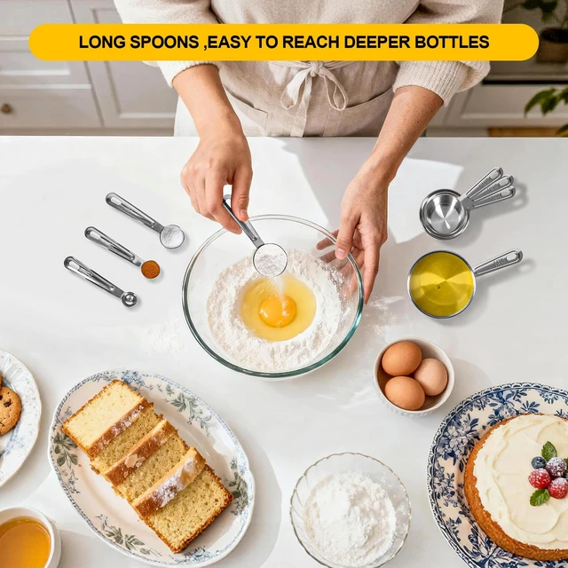 Alt view image 5 of 7 - 8 PCS Stainless Steel Measuring Cups and Spoons Set, Premium Measure Cups and Spoons Long Handle Stackable Measuring Cups for Kitchen Cooking & Baking, Dry & Liquid Dishwasher Safe