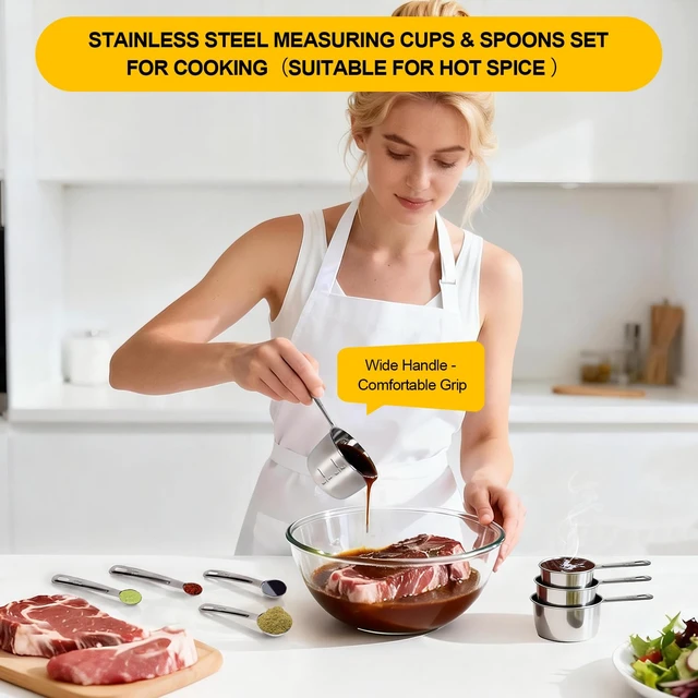 Alt view image 4 of 7 - 8 PCS Stainless Steel Measuring Cups and Spoons Set, Premium Measure Cups and Spoons Long Handle Stackable Measuring Cups for Kitchen Cooking & Baking, Dry & Liquid Dishwasher Safe