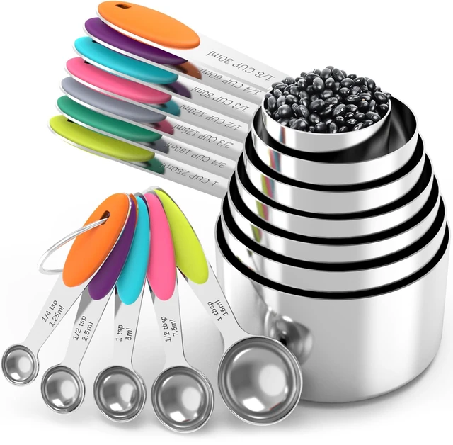 Main image of Nesting Measuring Cups and Spoons Set, Stainless Steel with Soft Silicone Handle Heavy Duty & Dishwasher Safe for Measuring Dry/Liquid Ingredients, Ideal for Cooking & Baking (12)