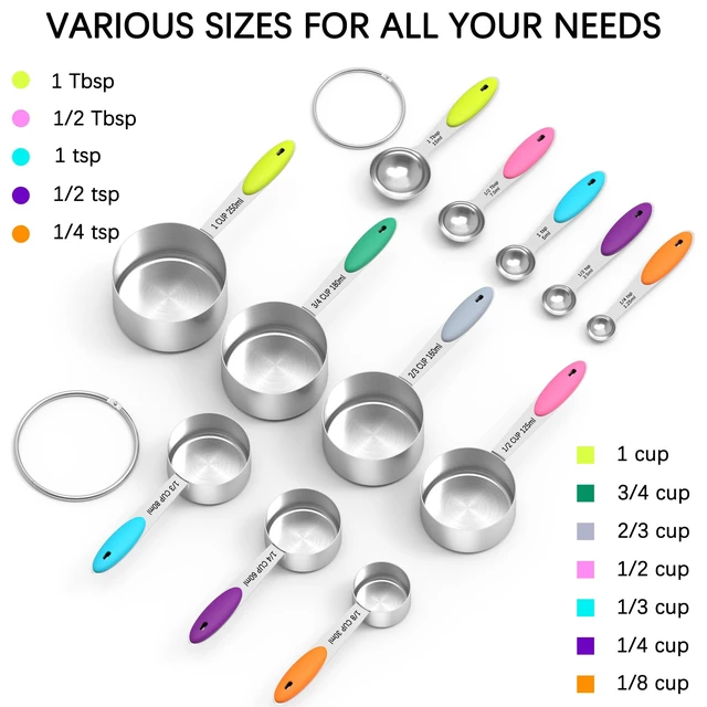 Alt view image 3 of 6 - Nesting Measuring Cups and Spoons Set, Stainless Steel with Soft Silicone Handle Heavy Duty & Dishwasher Safe for Measuring Dry/Liquid Ingredients, Ideal for Cooking & Baking (12)