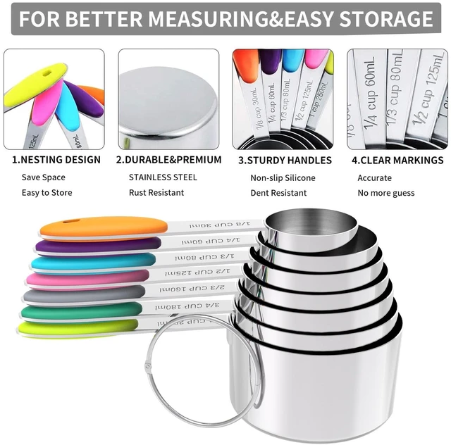 Alt view image 5 of 6 - Nesting Measuring Cups and Spoons Set, Stainless Steel with Soft Silicone Handle Heavy Duty & Dishwasher Safe for Measuring Dry/Liquid Ingredients, Ideal for Cooking & Baking (12)