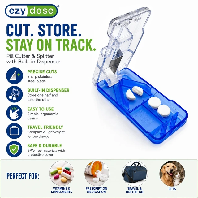 Alt view image 2 of 7 - Pill Cutter & Splitter, Built-in Pill Dispenser, Color May Vary | Easy-Cut Stainless Steel Blade for Tablets, Vitamins, Medication, Portable Pill Cutter for Seniors, Pets, Travel-Size