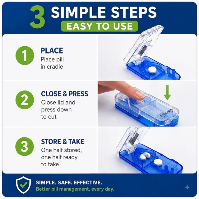 Alt view image 3 of 7 - Pill Cutter & Splitter, Built-in Pill Dispenser, Color May Vary | Easy-Cut Stainless Steel Blade for Tablets, Vitamins, Medication, Portable Pill Cutter for Seniors, Pets, Travel-Size