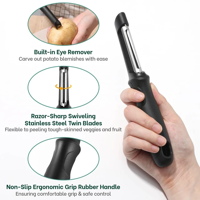Alt view image 3 of 7 - Swivel Vegetable Peeler, Premium Smooth Peeling Potato Peeler, Black | Razor-Sharp Stainless Steel Blade, Ergonomic Non-Slip Grip, Built-In Potato Eye Remover, Durable Design for Fruits & Veggies