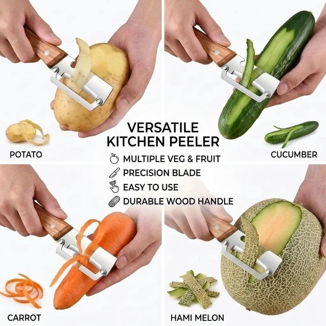Alt view image 2 of 7 - Multifunctional Vegetable Peeler for Kitchen, Peeler & Cutter & Opener | 3 in 1, for Peeling Carrot Potato Fruit or Cutting Veggie or Opening Bottle, Sharp Stainless Steel Blade & Solid Wood Handle