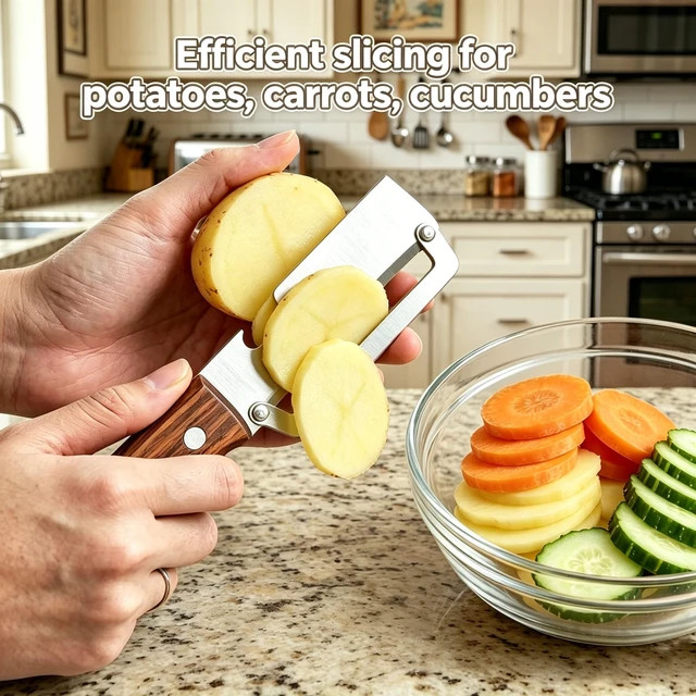 Alt view image 4 of 7 - Multifunctional Vegetable Peeler for Kitchen, Peeler & Cutter & Opener | 3 in 1, for Peeling Carrot Potato Fruit or Cutting Veggie or Opening Bottle, Sharp Stainless Steel Blade & Solid Wood Handle