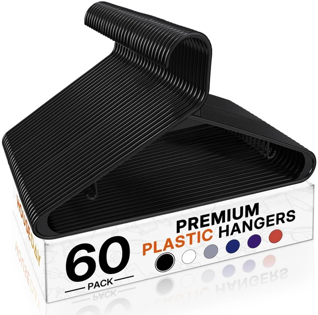 Main image of Black Plastic Hangers 60 Pack, Slim Space-Saving Clothes Hangers | Durable Hangers Hold Up to 7 lb with Built-In Non-Slip Strap Hooks and Smooth Edges; Family Pack for Everyday Closet Storage