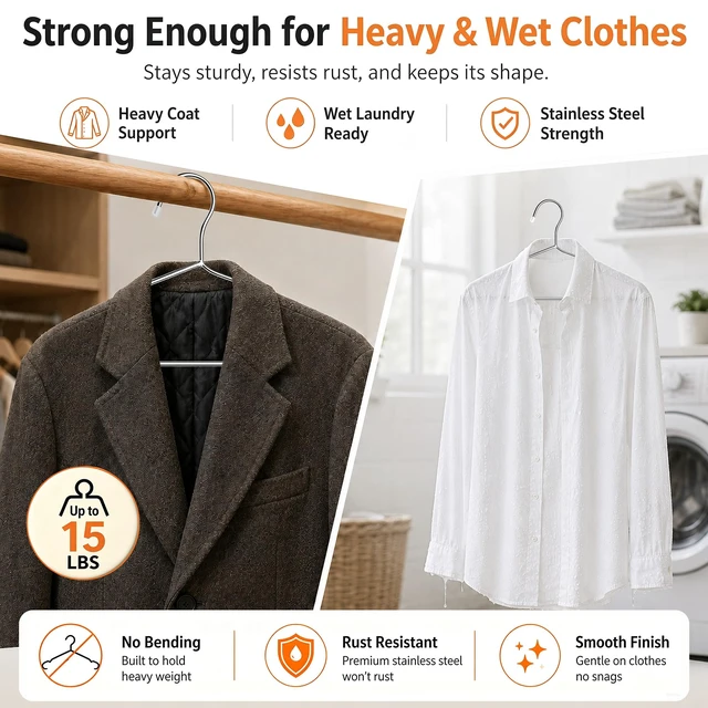 Alt view image 3 of 7 - 40 Pack Stainless Steel Wire Clothes Hangers, 16.5 in, Silver | Stainless steel construction, Heavy Duty 3.2mm Metal Coat Hangers, Rust-resistant surface, Shoulder grooves, Rubber end caps