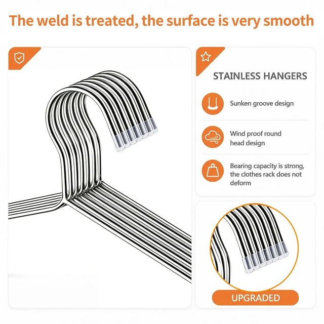 Alt view image 5 of 7 - 40 Pack Stainless Steel Wire Clothes Hangers, 16.5 in, Silver | Stainless steel construction, Heavy Duty 3.2mm Metal Coat Hangers, Rust-resistant surface, Shoulder grooves, Rubber end caps