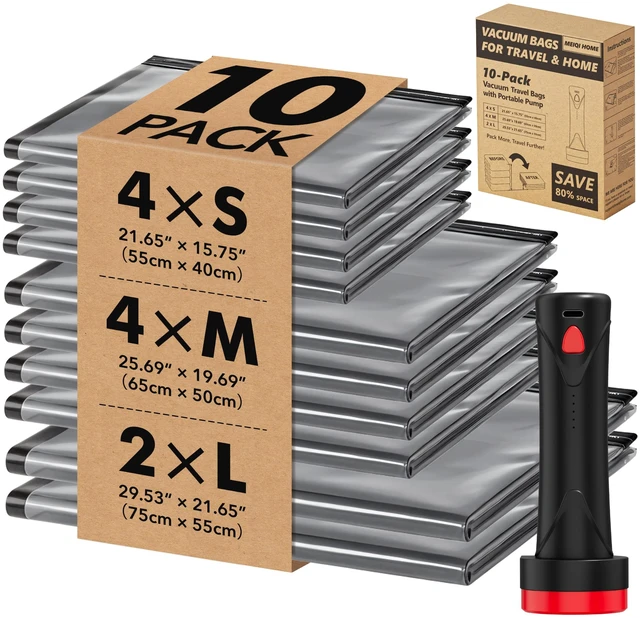Main image of 10 Pack PackEase Travel Vacuum Bags 1500mAh Wireless Pump, 80% Compression Space Saver for Luggage, Clear PA+PE Reusable Seal Bags for Clothes, Portable Electric Air Pump for Travel & Home