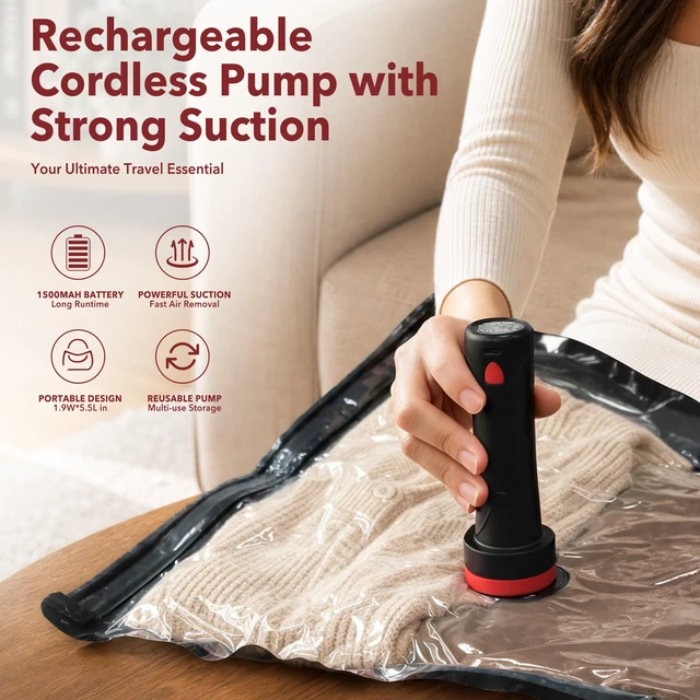 Alt view image 3 of 7 - 10 Pack PackEase Travel Vacuum Bags 1500mAh Wireless Pump, 80% Compression Space Saver for Luggage, Clear PA+PE Reusable Seal Bags for Clothes, Portable Electric Air Pump for Travel & Home