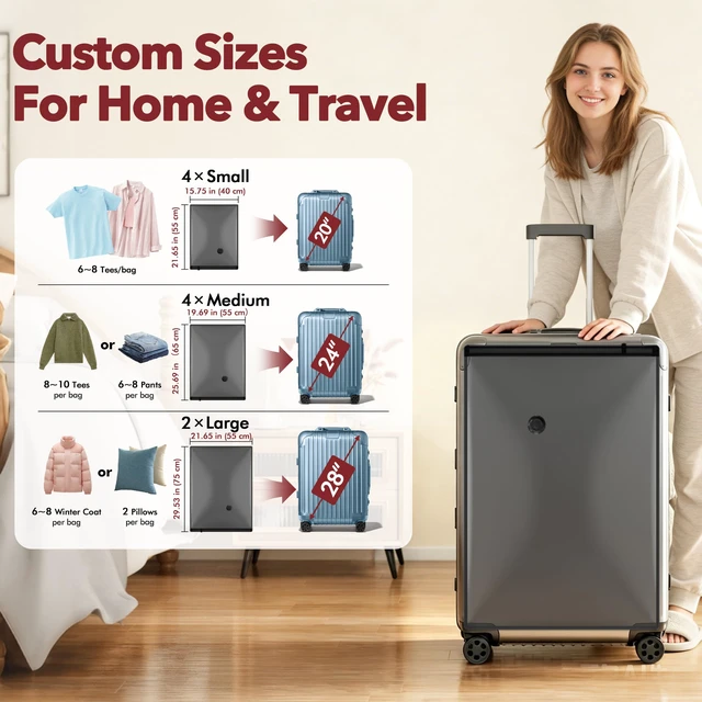 Alt view image 5 of 7 - 10 Pack PackEase Travel Vacuum Bags 1500mAh Wireless Pump, 80% Compression Space Saver for Luggage, Clear PA+PE Reusable Seal Bags for Clothes, Portable Electric Air Pump for Travel & Home
