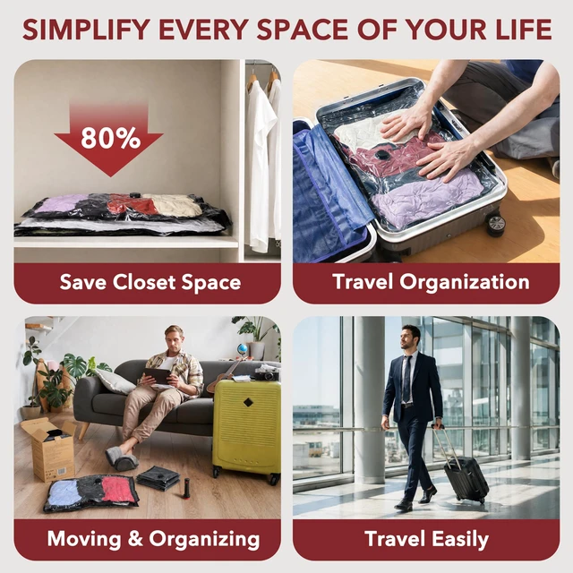 Alt view image 7 of 7 - 10 Pack PackEase Travel Vacuum Bags 1500mAh Wireless Pump, 80% Compression Space Saver for Luggage, Clear PA+PE Reusable Seal Bags for Clothes, Portable Electric Air Pump for Travel & Home