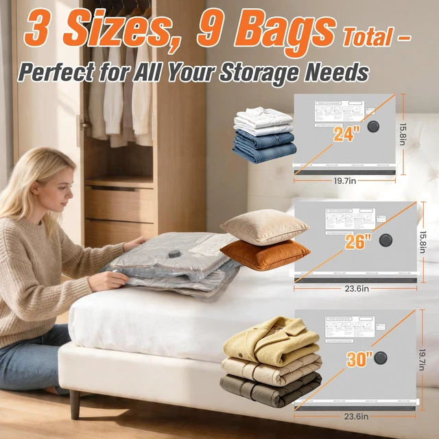 Alt view image 3 of 7 - 9 Combo Size Vacuum Storage Bags for Travel with Cordless Pump, Space Saver Bags for Clothes, Compression Packing Bags for Luggage