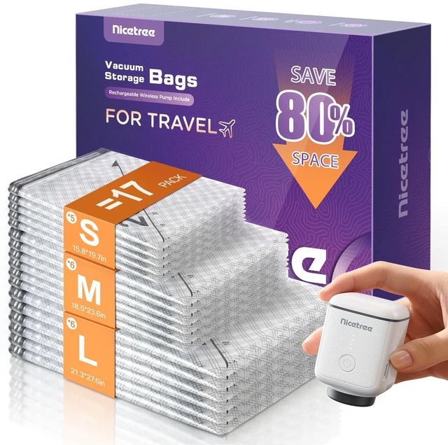 Main image of 17-Pack Vacuum Bags for Travel with Rechargeable Pump, 3 Sizes | Compression Packing Bags for Carry-On Luggage and Suitcases. Space Saver Vacuum Seal Bags for Clothing and Home Storage