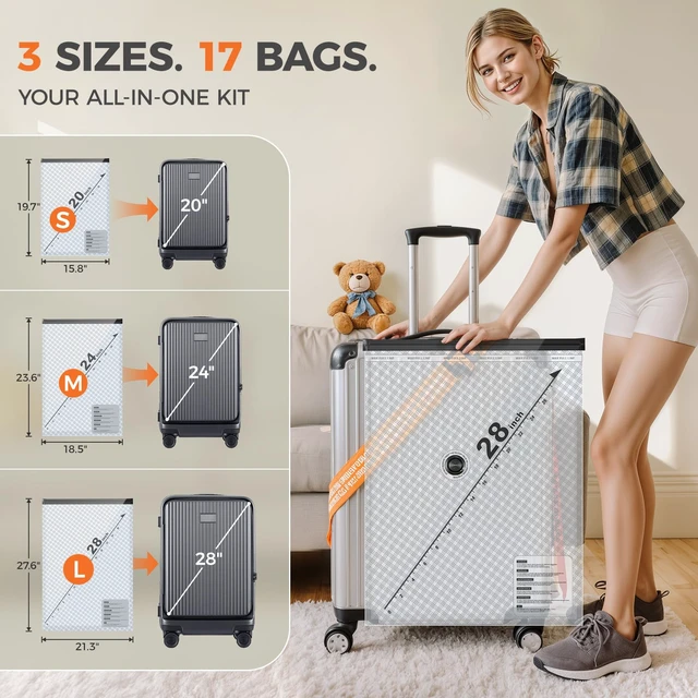 Alt view image 4 of 7 - 17-Pack Vacuum Bags for Travel with Rechargeable Pump, 3 Sizes | Compression Packing Bags for Carry-On Luggage and Suitcases. Space Saver Vacuum Seal Bags for Clothing and Home Storage