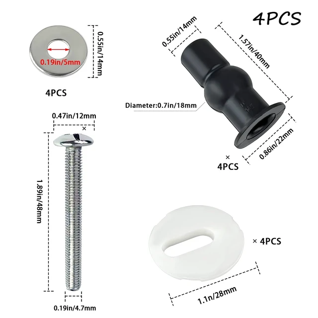 Alt view image 4 of 7 - 4 Pack Universal Toilet Seat Bolts and Hinge Screws, Top Mounting Fixings Kit with Expanding Rubber Top Nuts, Replacement Screws for 14-16mm Hole Toilet Seat Repair