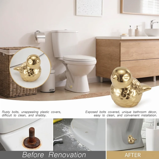 Alt view image 3 of 7 - 2 Pack Toilet Bolt Covers Decorative, Cute Toilet Screw Covers | Ceramic Toilet Bolt Caps to Hide Rusty Bolts, Gold Toilet Screw Cover Caps Shape of a Bird, for Bathroom Decor, Easy Installa
