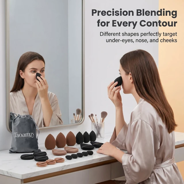 Alt view image 6 of 7 - 34PCS Latex-Free Makeup Sponge Set, Wet Dry Triangle Flocked Blender Puffs with Velvet Pouch for Foundation Concealer Contour, Skin Friendly