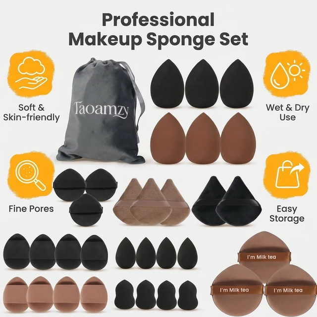 Alt view image 5 of 7 - 34PCS Latex-Free Makeup Sponge Set, Wet Dry Triangle Flocked Blender Puffs with Velvet Pouch for Foundation Concealer Contour, Skin Friendly