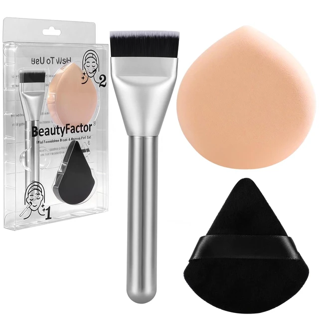 Main image of Flat Foundation Brush and Powder Puff Set, Korean Makeup Brush Teardrop Sponge for Liquid Foundation,Premium Face Makeup Brush Sponge for Blending Cream Setting Powder