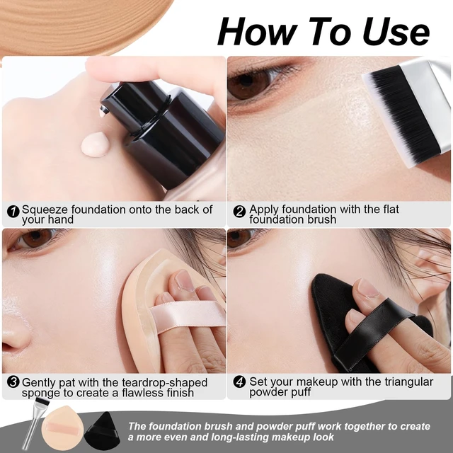 Alt view image 6 of 7 - Flat Foundation Brush and Powder Puff Set, Korean Makeup Brush Teardrop Sponge for Liquid Foundation,Premium Face Makeup Brush Sponge for Blending Cream Setting Powder