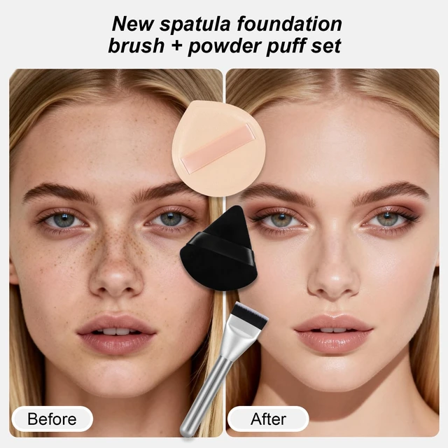 Alt view image 7 of 7 - Flat Foundation Brush and Powder Puff Set, Korean Makeup Brush Teardrop Sponge for Liquid Foundation,Premium Face Makeup Brush Sponge for Blending Cream Setting Powder