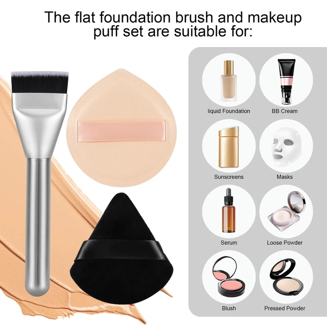 Alt view image 3 of 7 - Flat Foundation Brush and Powder Puff Set, Korean Makeup Brush Teardrop Sponge for Liquid Foundation,Premium Face Makeup Brush Sponge for Blending Cream Setting Powder