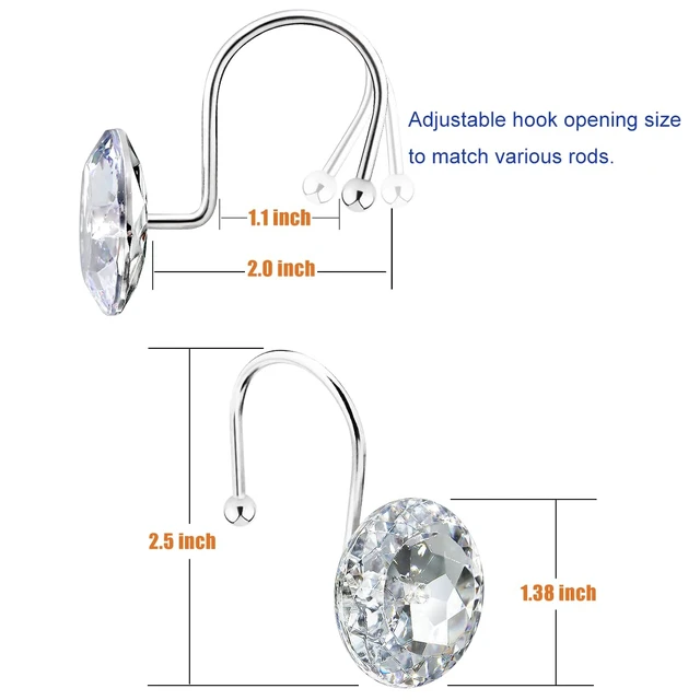 Alt view image 2 of 7 - 12PCS Shower Curtain Hooks Rings for Bathroom, Stainless Steel Metal Crystal Rhinestones Bling Rust Proof Shower Curtain Rings Hangers for Shower Curtain Decorative, Round Heavy Duty Hooks (Clear)
