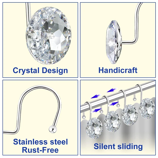 Alt view image 3 of 7 - 12PCS Shower Curtain Hooks Rings for Bathroom, Stainless Steel Metal Crystal Rhinestones Bling Rust Proof Shower Curtain Rings Hangers for Shower Curtain Decorative, Round Heavy Duty Hooks (Clear)