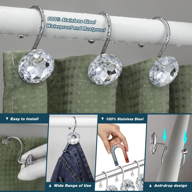 Alt view image 4 of 7 - 12PCS Shower Curtain Hooks Rings for Bathroom, Stainless Steel Metal Crystal Rhinestones Bling Rust Proof Shower Curtain Rings Hangers for Shower Curtain Decorative, Round Heavy Duty Hooks (Clear)