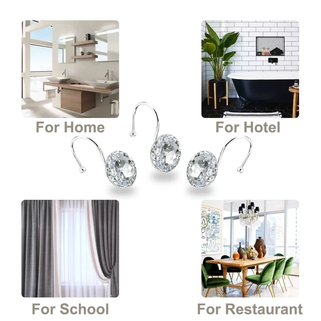 Alt view image 5 of 7 - 12PCS Shower Curtain Hooks Rings for Bathroom, Stainless Steel Metal Crystal Rhinestones Bling Rust Proof Shower Curtain Rings Hangers for Shower Curtain Decorative, Round Heavy Duty Hooks (Clear)