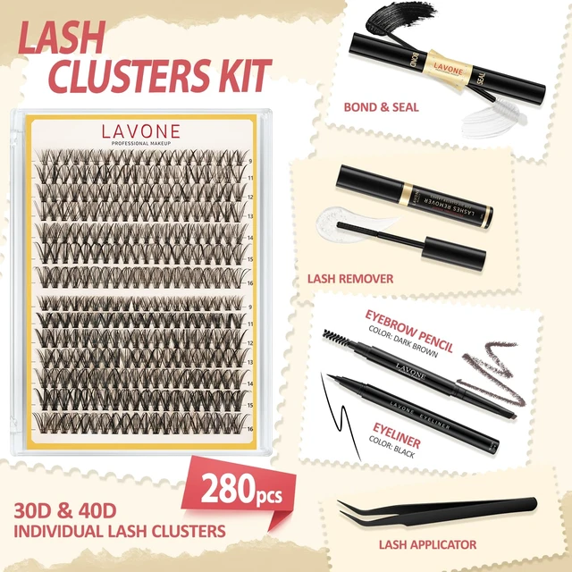 Alt view image 2 of 7 - Lash Clusters Kit, 280Pcs Waterproof D Curl 9-16mm Individua Lashes | 30D 40D DIY cluster eyelash extensions,long lasting waterproof bond & seal,eyelashes revomer,tweezer,eyebrow pen eyeliner