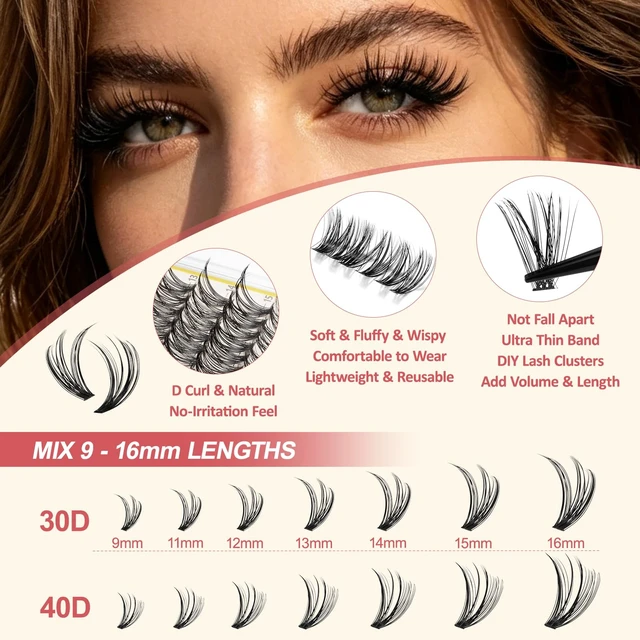 Alt view image 3 of 7 - Lash Clusters Kit, 280Pcs Waterproof D Curl 9-16mm Individua Lashes | 30D 40D DIY cluster eyelash extensions,long lasting waterproof bond & seal,eyelashes revomer,tweezer,eyebrow pen eyeliner