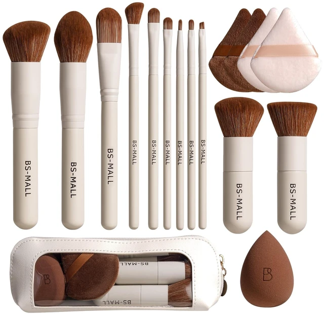 Main image of Makeup Brush Set 11Pcs Bamboo Synthetic Kabuki Brush Set Foundation Powder Blending Concealer Eye shadows Blush Cosmetics Brushes with Organizer Bag & Makeup Sponge (Beige)