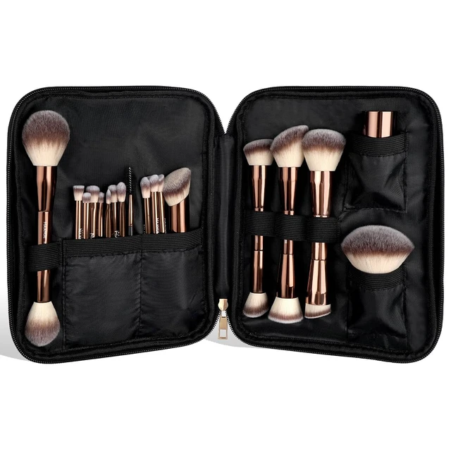 Alt view image 2 of 7 - 20 PCS Makeup Brush Set with Bag, Double-ended Kabuki Brush Foundation Contour Brush for Liquid Powder Concealer Eye Shadows Cream Cosmetics Blending Blush Face Makeup Tools with Case (Coffee)